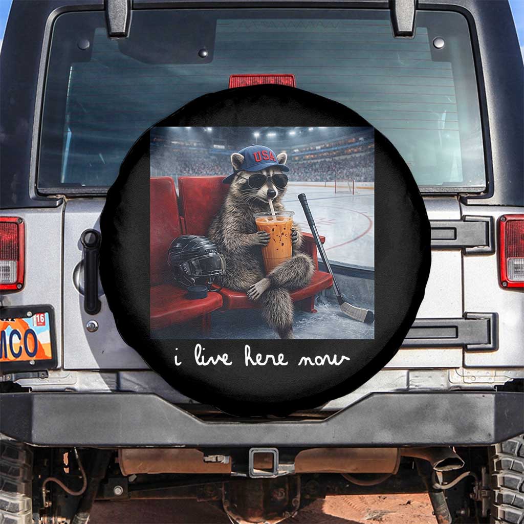 Hockey Mom Raccoon Iced Coffee Spare Tire Cover I Live Here Now