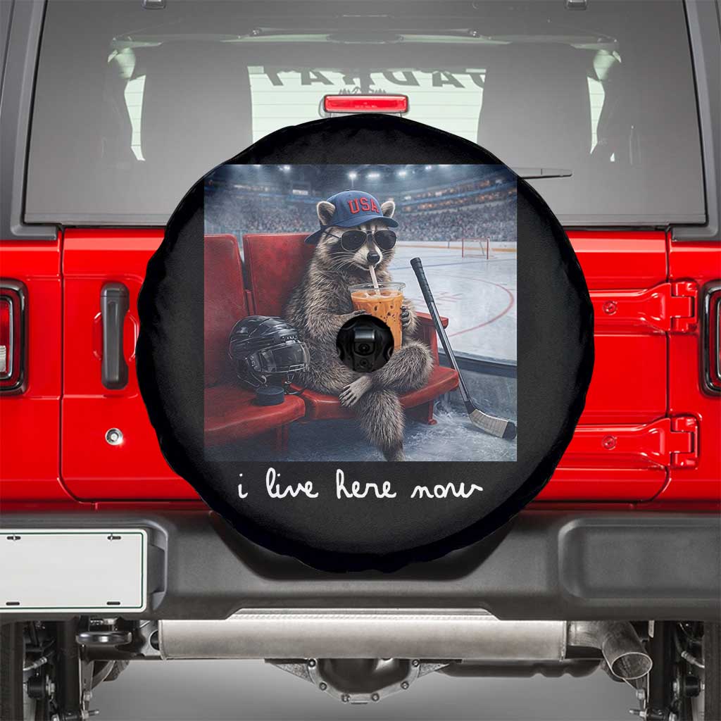 Hockey Mom Raccoon Iced Coffee Spare Tire Cover I Live Here Now