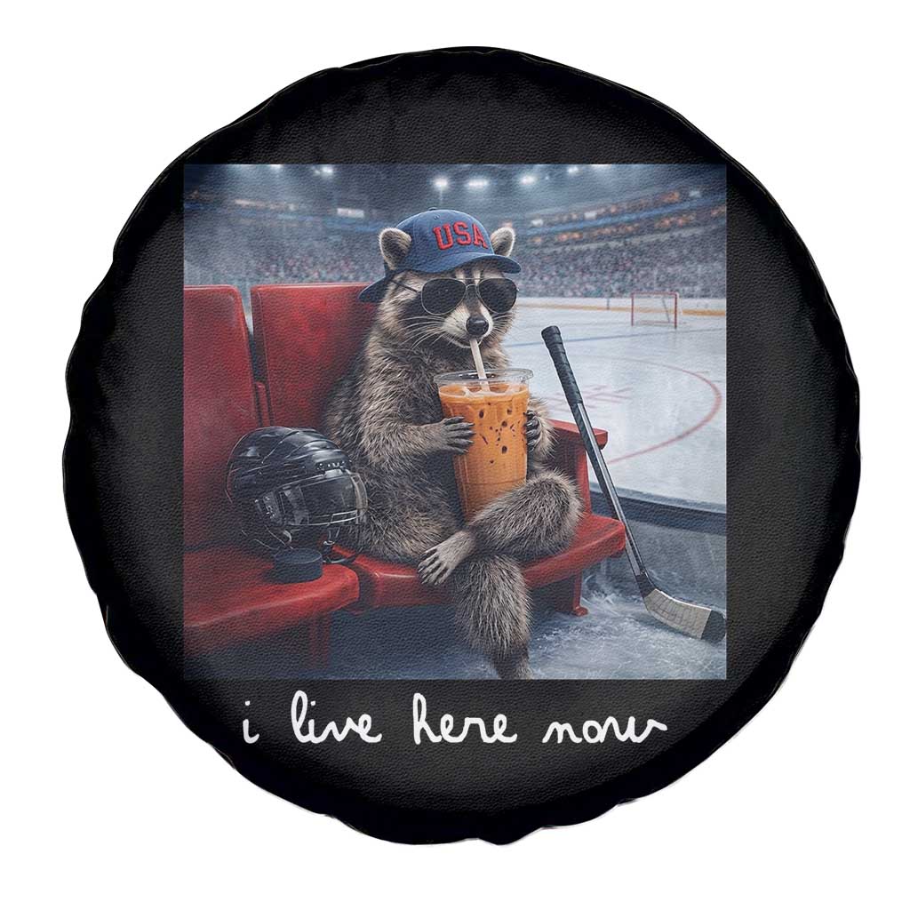 Hockey Mom Raccoon Iced Coffee Spare Tire Cover I Live Here Now
