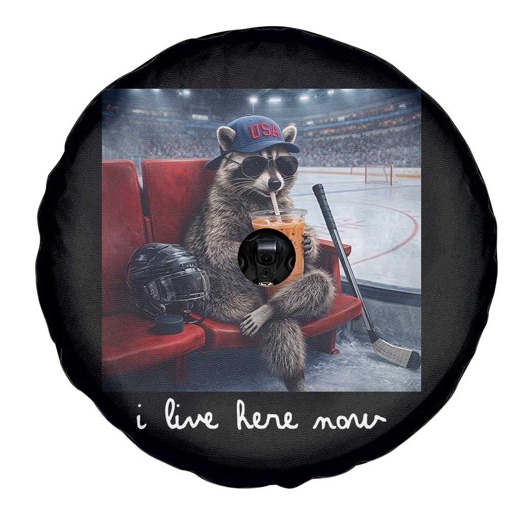 Hockey Mom Raccoon Iced Coffee Spare Tire Cover I Live Here Now