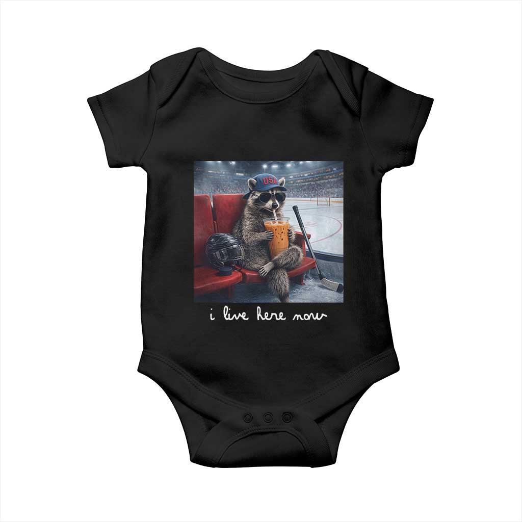 Hockey Mom Raccoon Iced Coffee Baby Onesie I Live Here Now