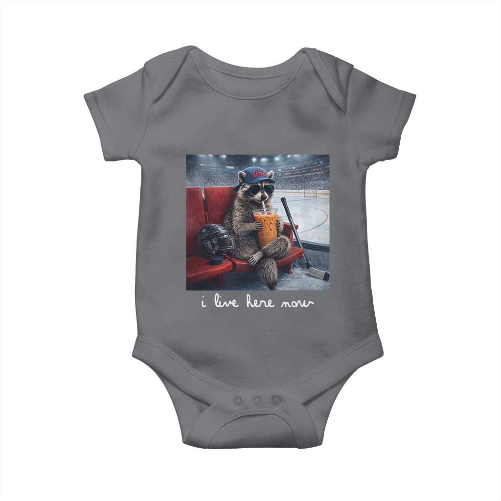 Hockey Mom Raccoon Iced Coffee Baby Onesie I Live Here Now