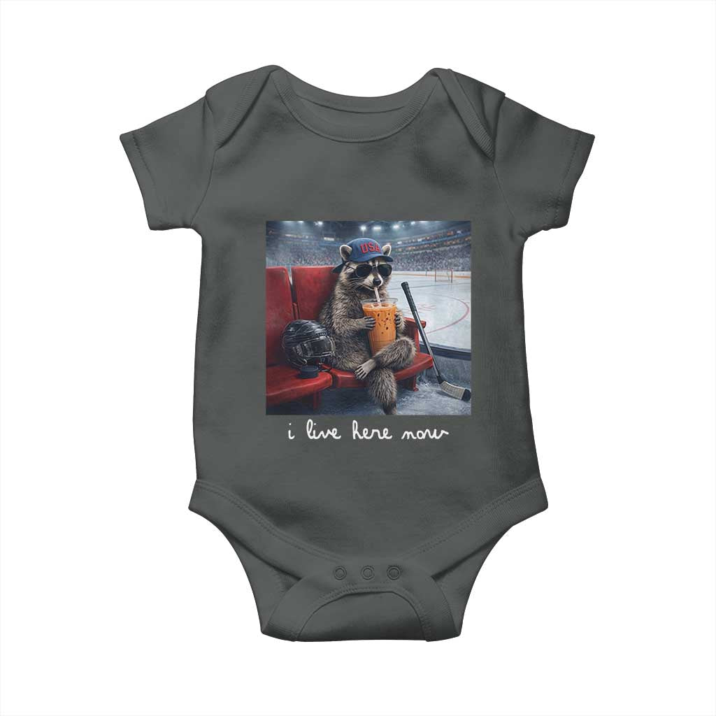 Hockey Mom Raccoon Iced Coffee Baby Onesie I Live Here Now