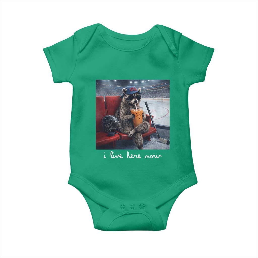 Hockey Mom Raccoon Iced Coffee Baby Onesie I Live Here Now