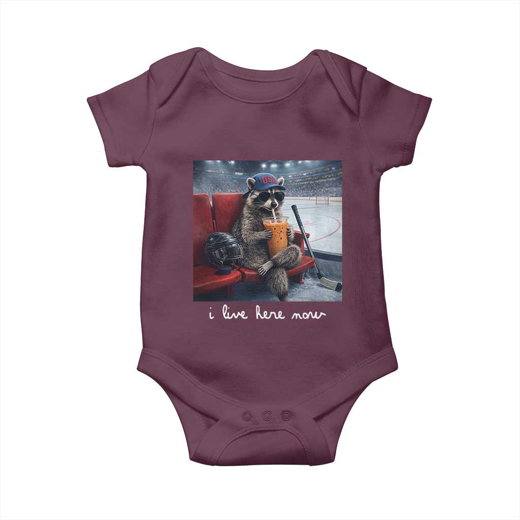 Hockey Mom Raccoon Iced Coffee Baby Onesie I Live Here Now