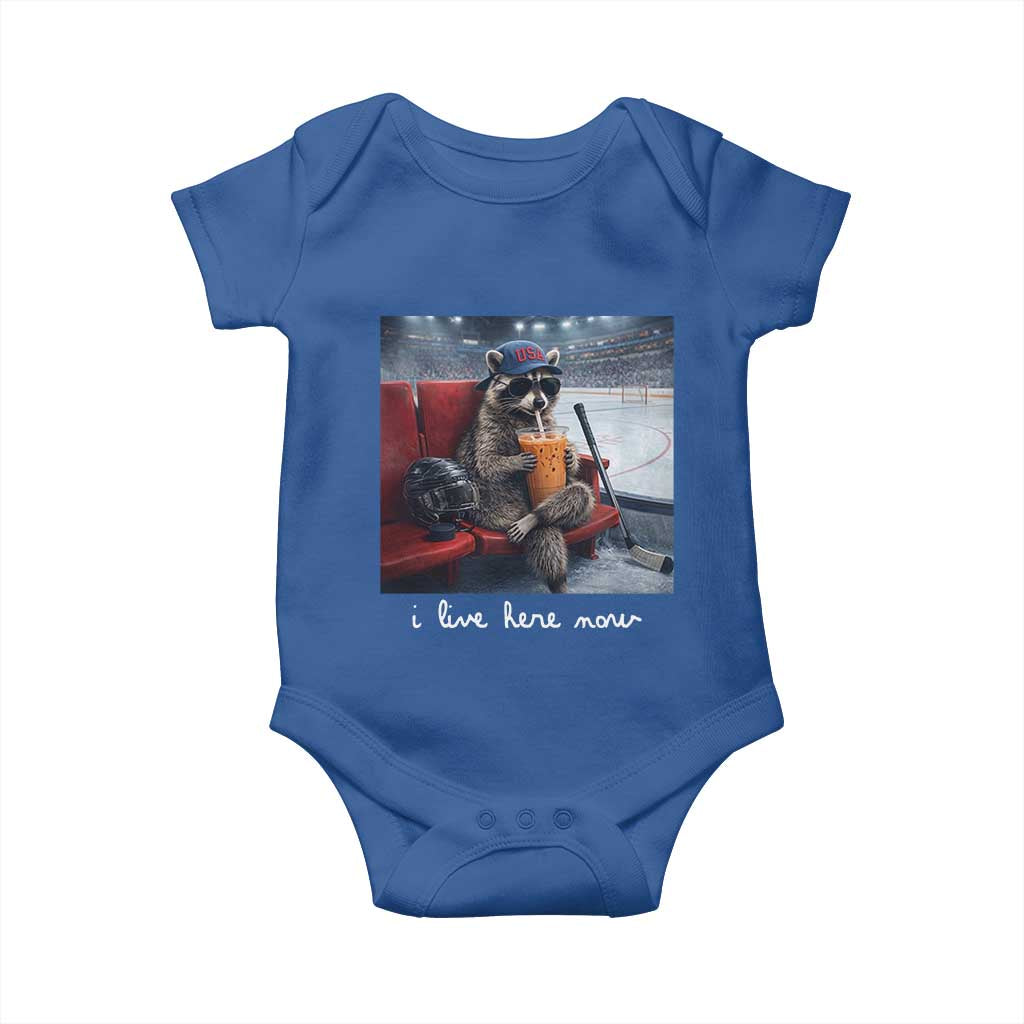 Hockey Mom Raccoon Iced Coffee Baby Onesie I Live Here Now