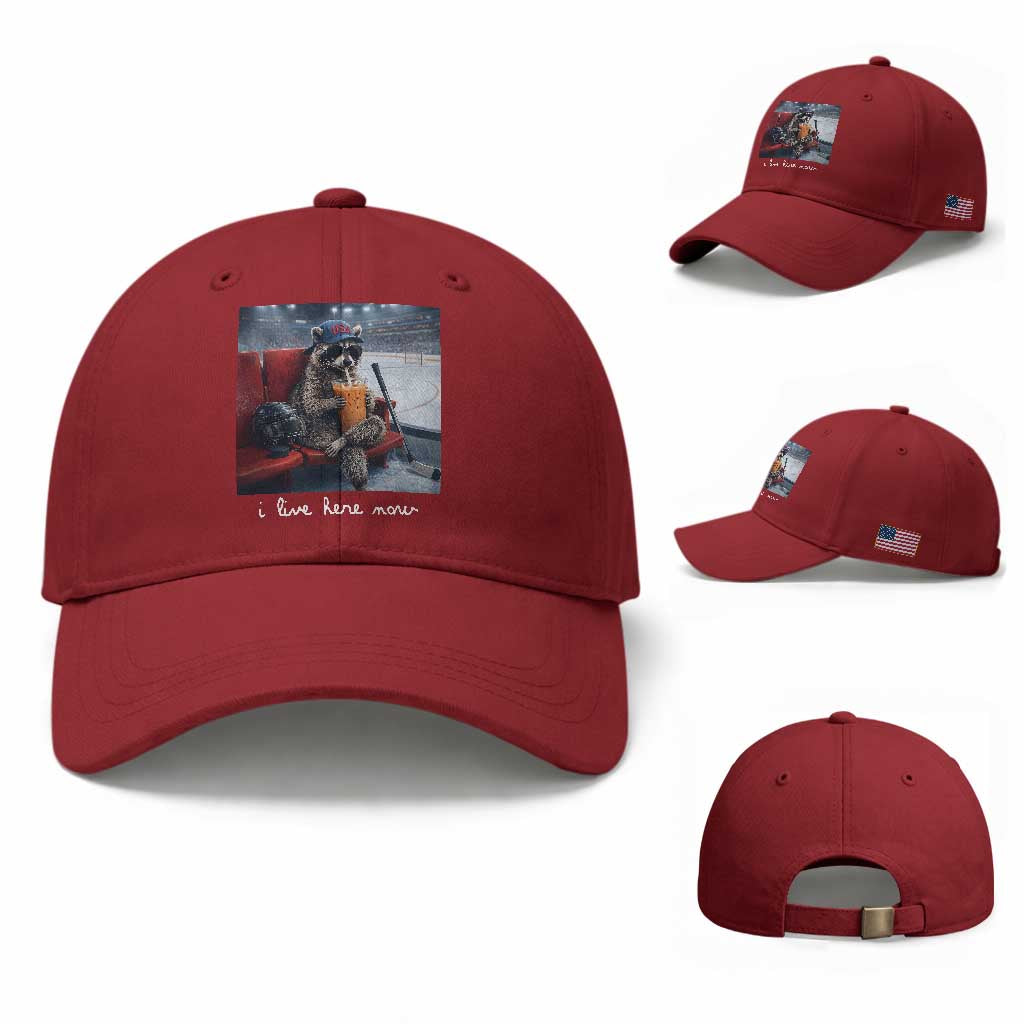 Hockey Mom Raccoon Iced Coffee Baseball Cap I Live Here Now