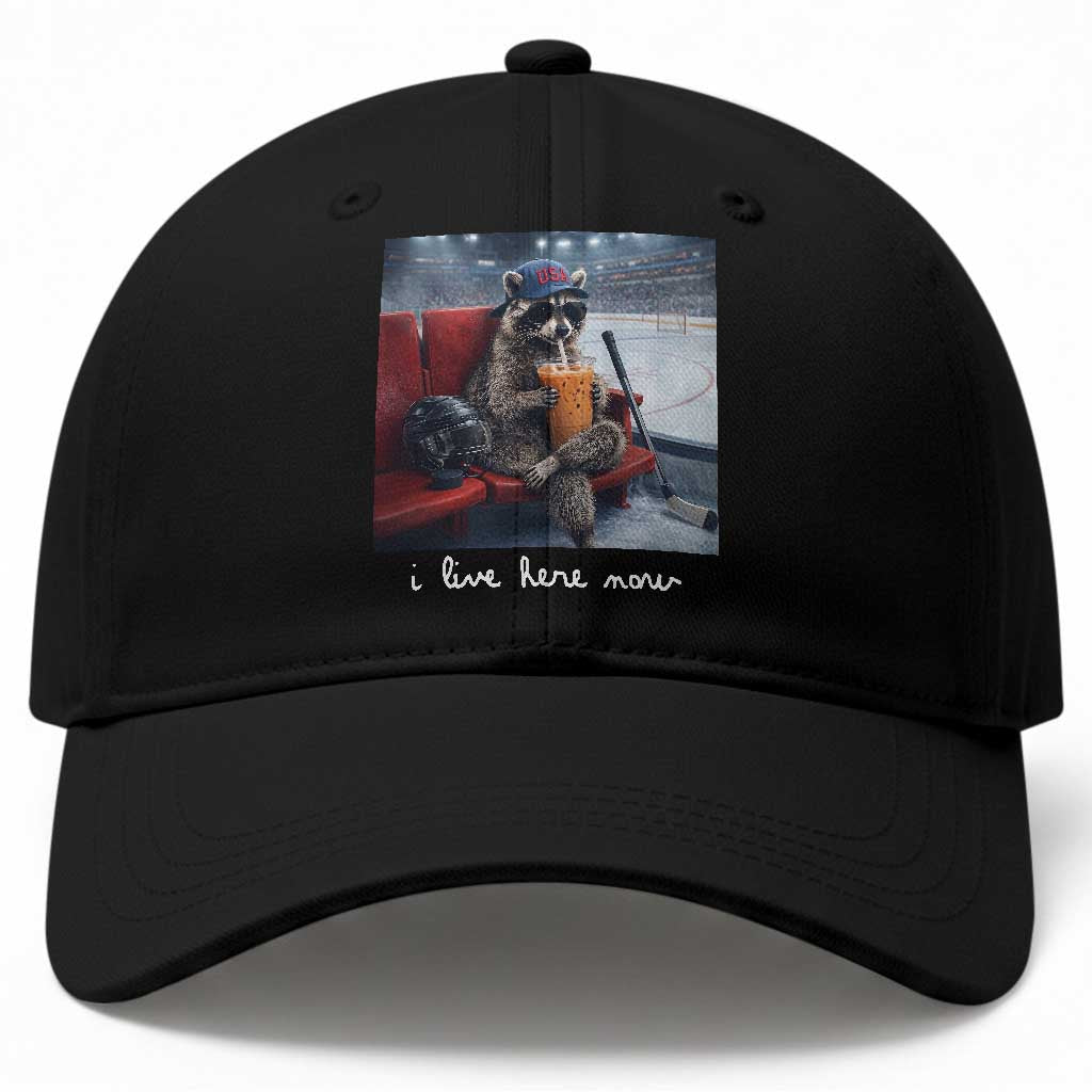 Hockey Mom Raccoon Iced Coffee Baseball Cap I Live Here Now