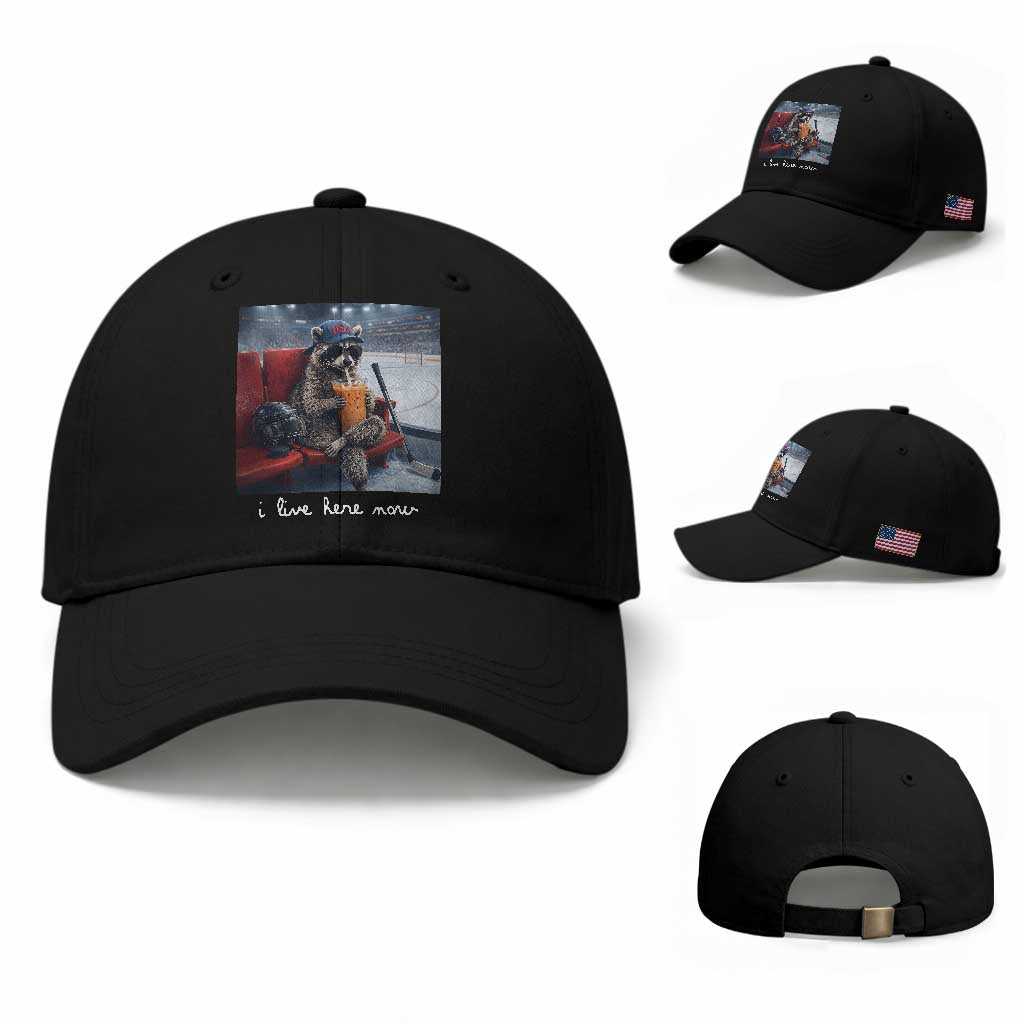 Hockey Mom Raccoon Iced Coffee Baseball Cap I Live Here Now