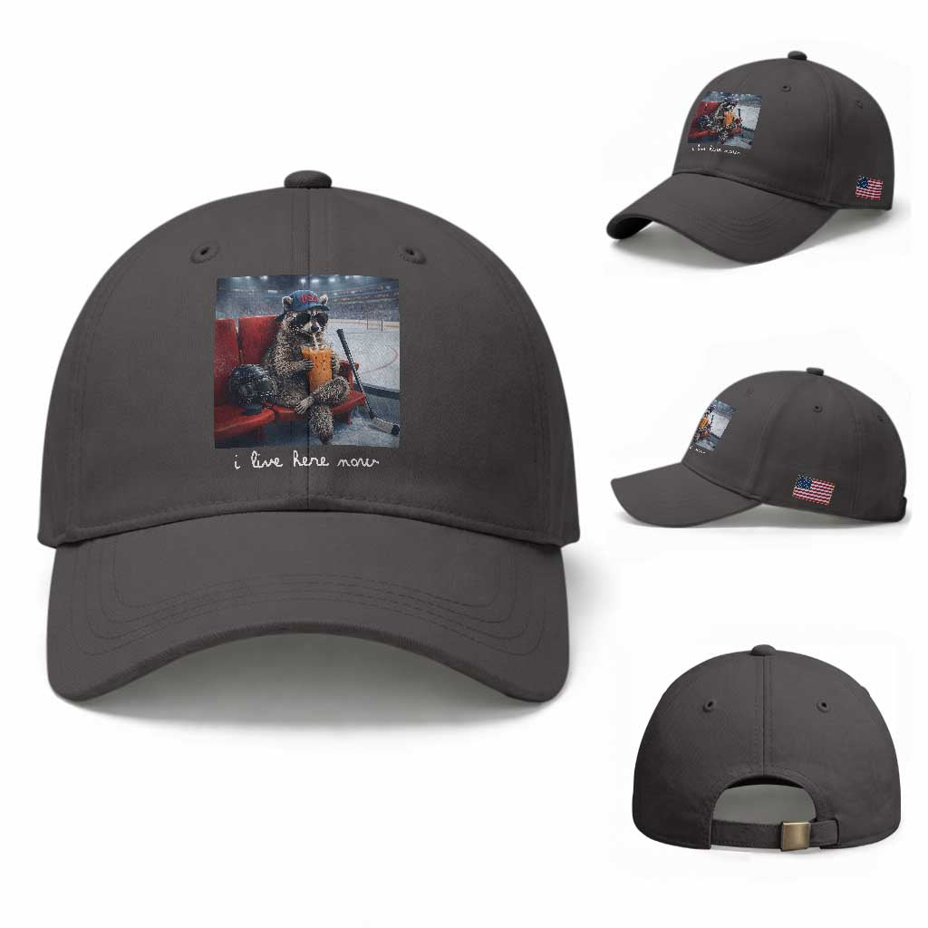 Hockey Mom Raccoon Iced Coffee Baseball Cap I Live Here Now