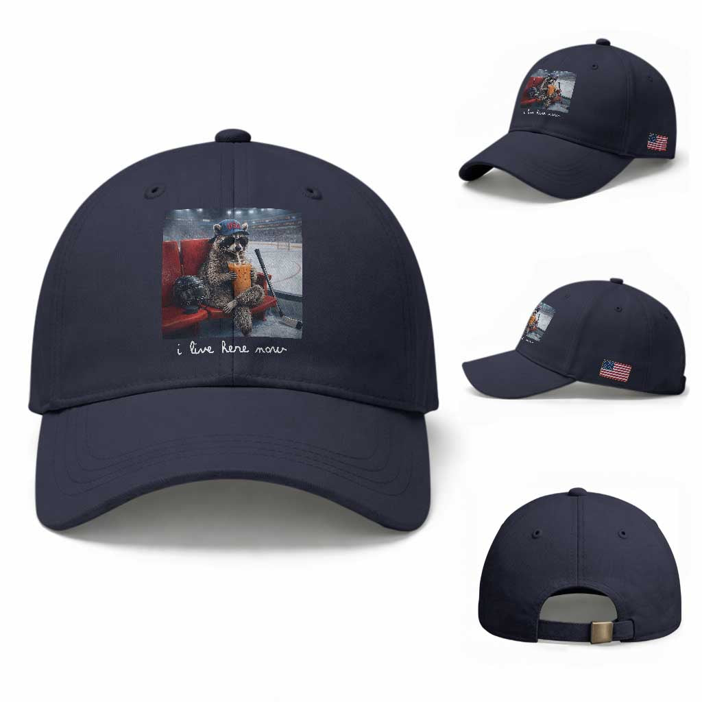 Hockey Mom Raccoon Iced Coffee Baseball Cap I Live Here Now