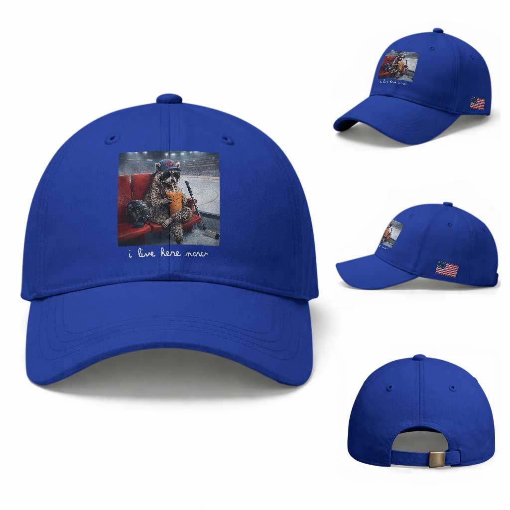 Hockey Mom Raccoon Iced Coffee Baseball Cap I Live Here Now