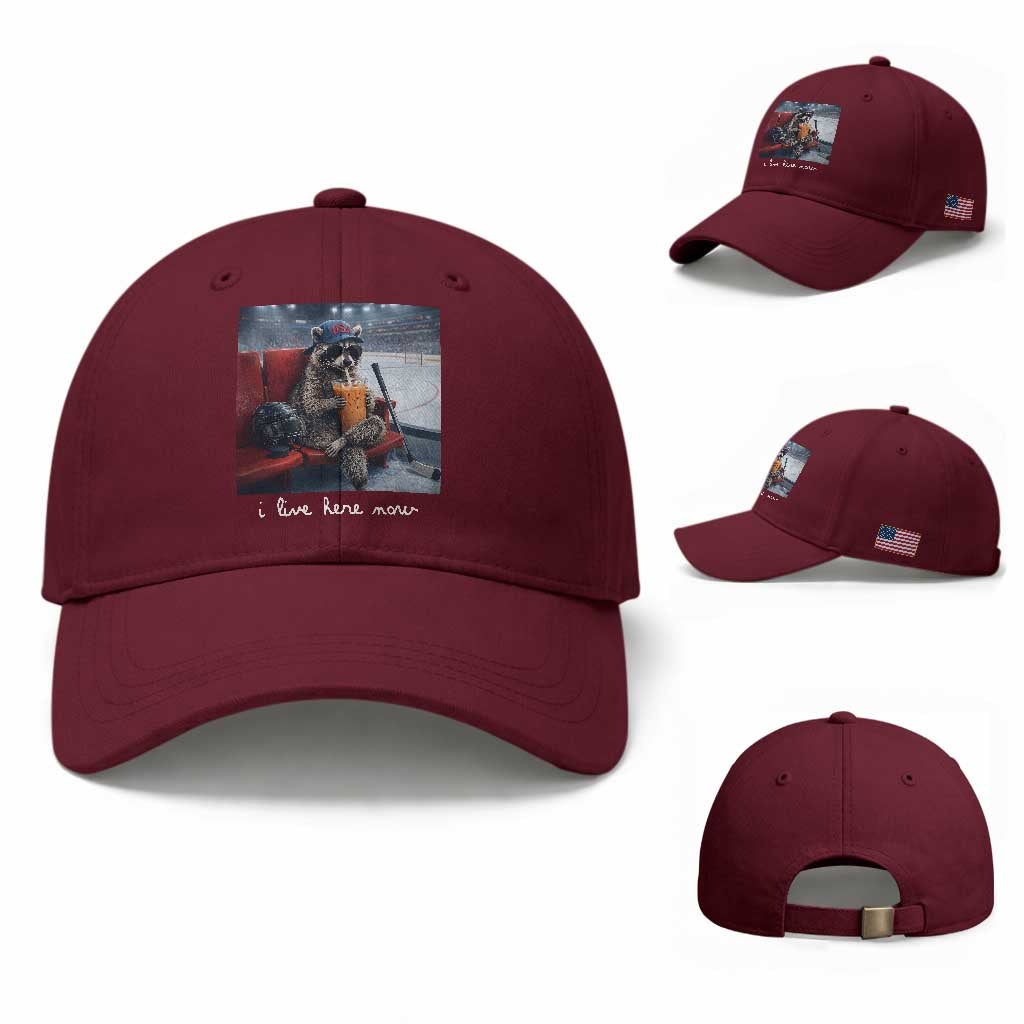 Hockey Mom Raccoon Iced Coffee Baseball Cap I Live Here Now