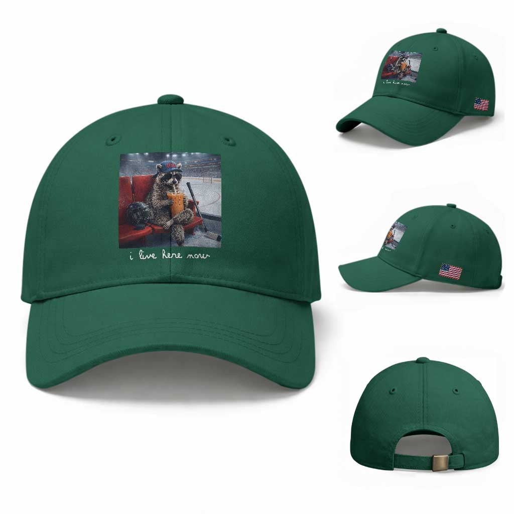 Hockey Mom Raccoon Iced Coffee Baseball Cap I Live Here Now