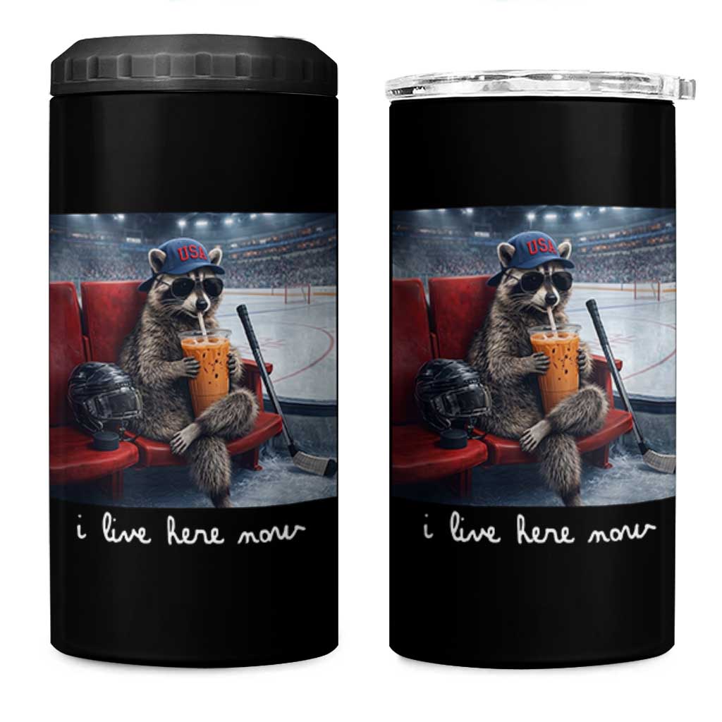 Hockey Mom Raccoon Iced Coffee 4 in 1 Can Cooler Tumbler I Live Here Now