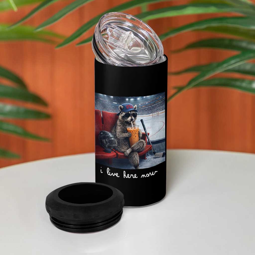 Hockey Mom Raccoon Iced Coffee 4 in 1 Can Cooler Tumbler I Live Here Now