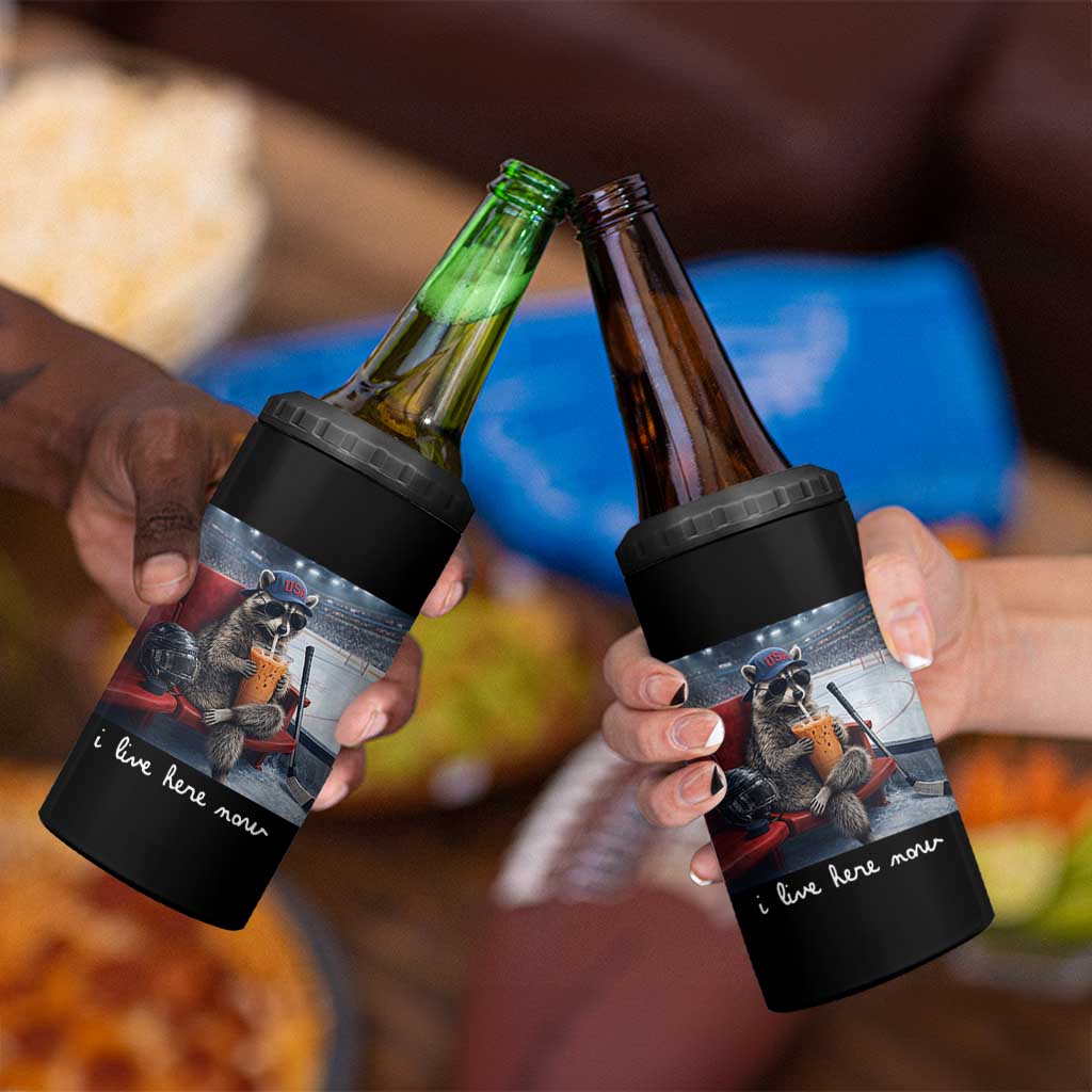 Hockey Mom Raccoon Iced Coffee 4 in 1 Can Cooler Tumbler I Live Here Now