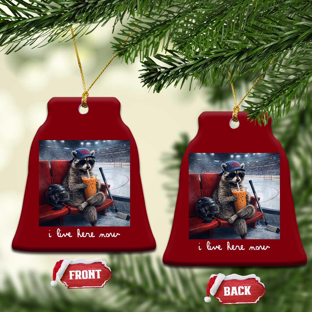 Hockey Mom Raccoon Iced Coffee Ceramic Ornament I Live Here Now
