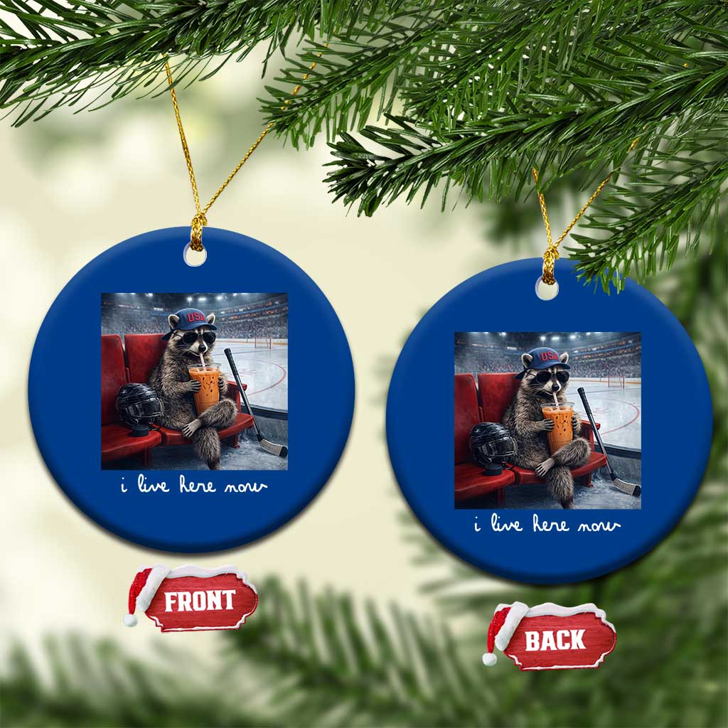 Hockey Mom Raccoon Iced Coffee Ceramic Ornament I Live Here Now