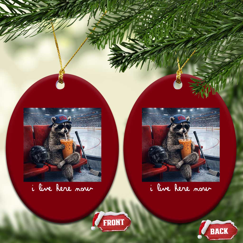 Hockey Mom Raccoon Iced Coffee Ceramic Ornament I Live Here Now