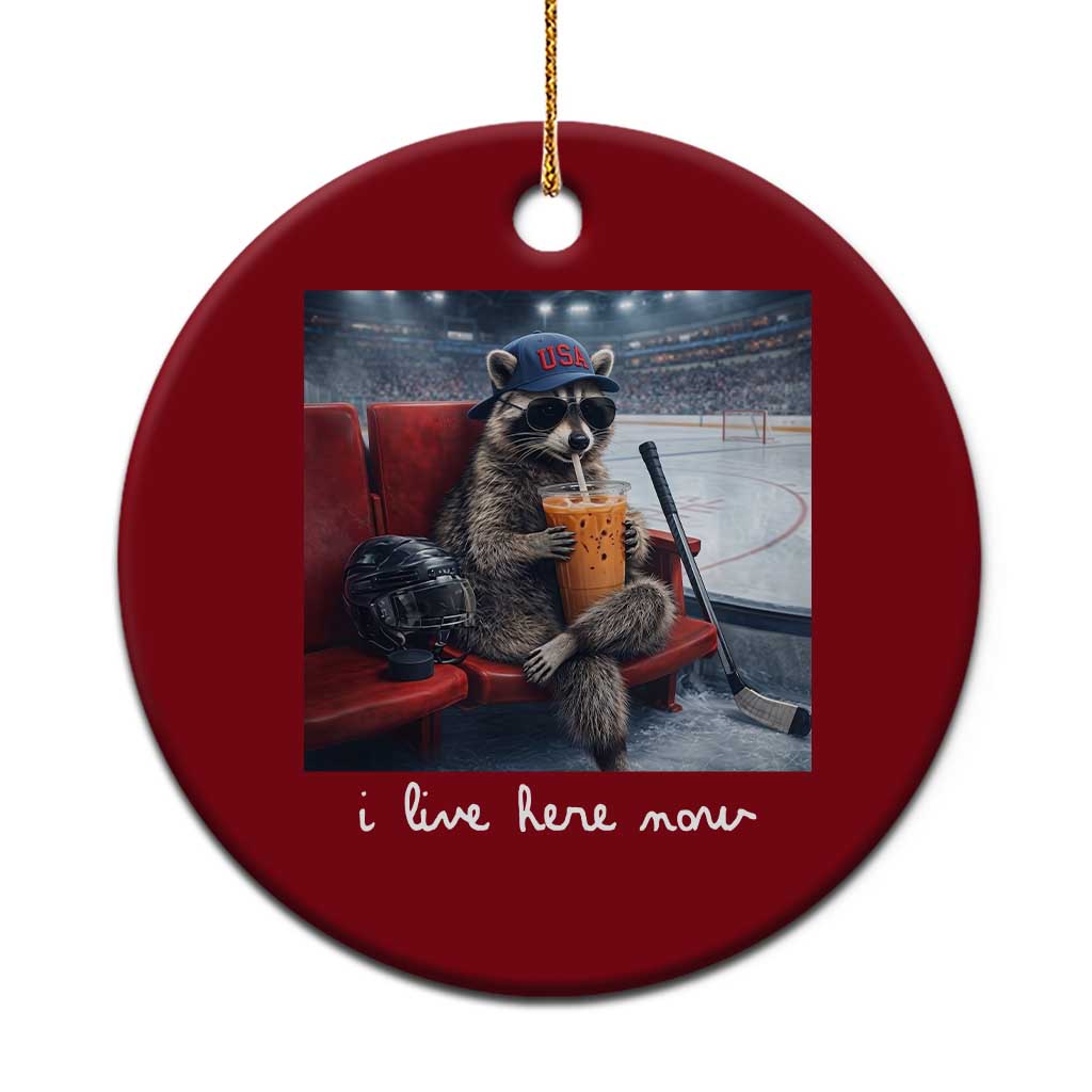 Hockey Mom Raccoon Iced Coffee Ceramic Ornament I Live Here Now