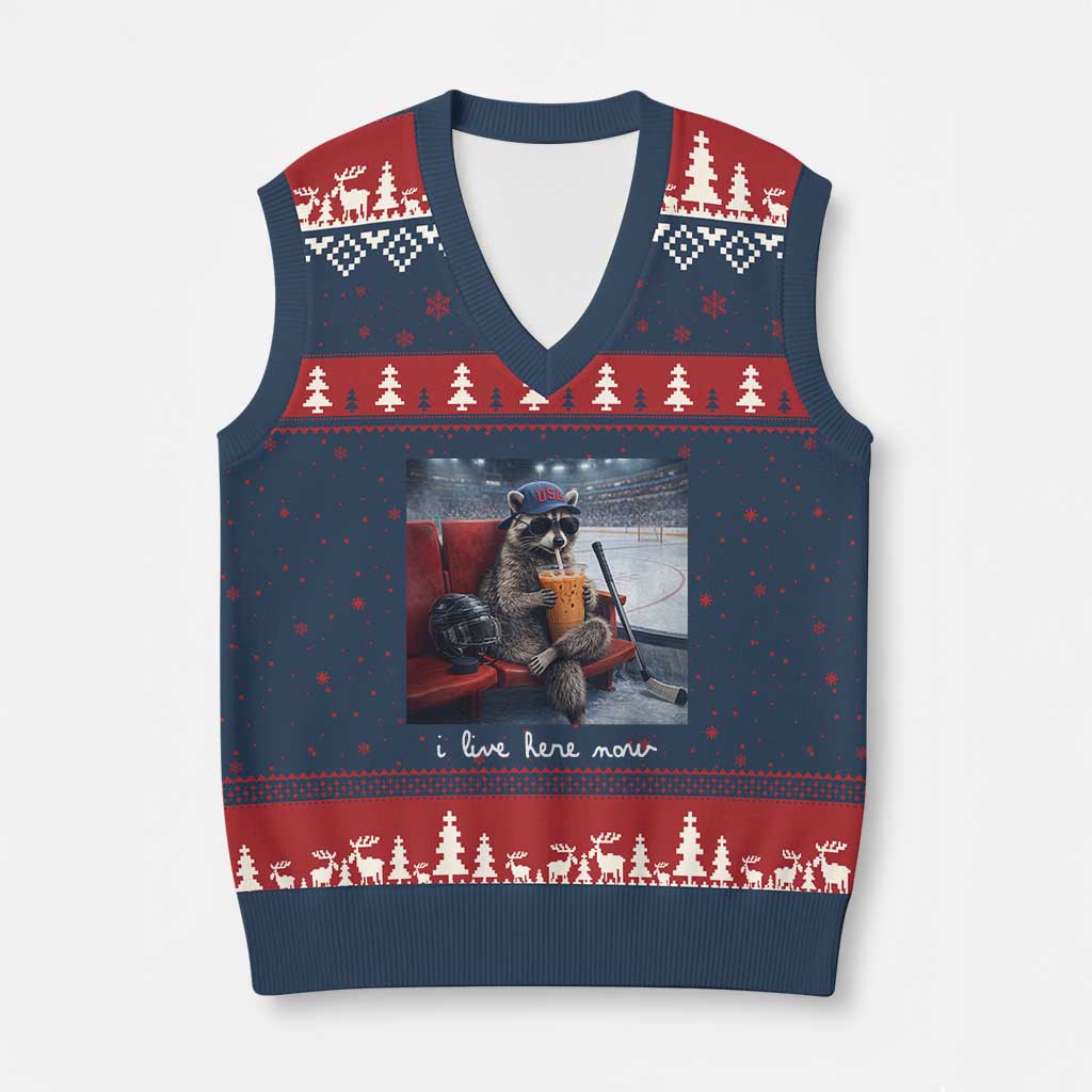 Hockey Mom Raccoon Iced Coffee V-Neck Knit Sweater Vest I Live Here Now