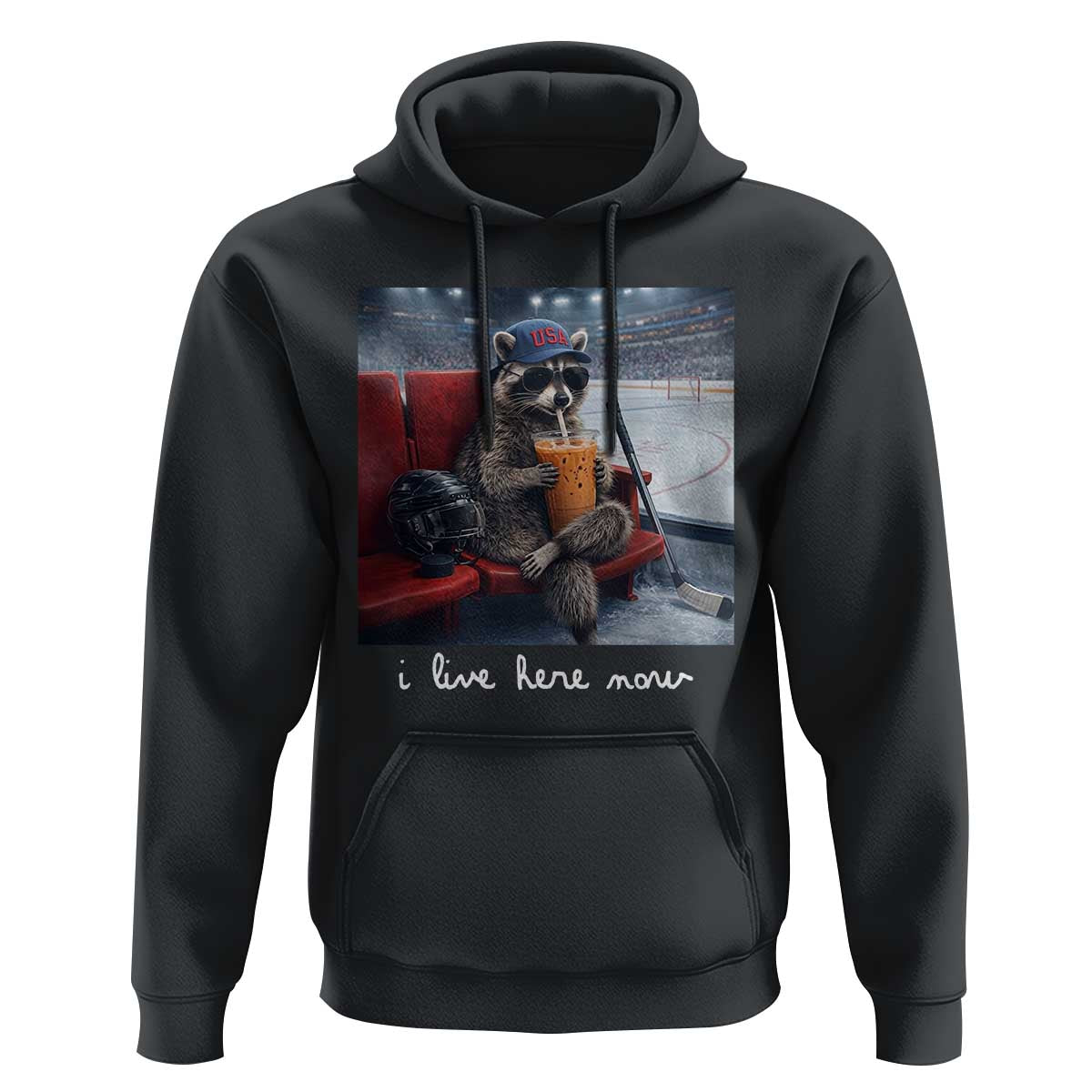 Hockey Mom Raccoon Iced Coffee Hoodie I Live Here Now