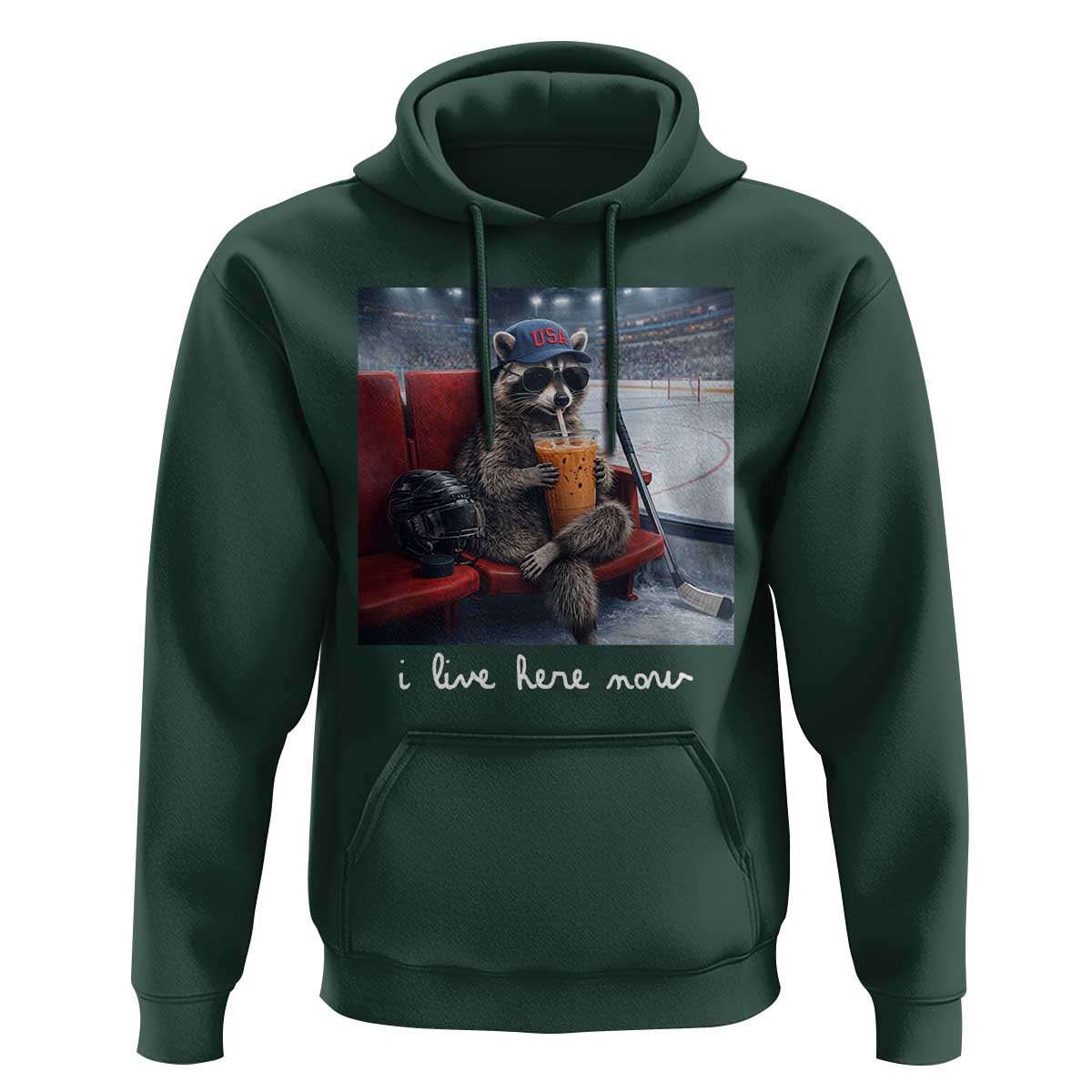 Hockey Mom Raccoon Iced Coffee Hoodie I Live Here Now