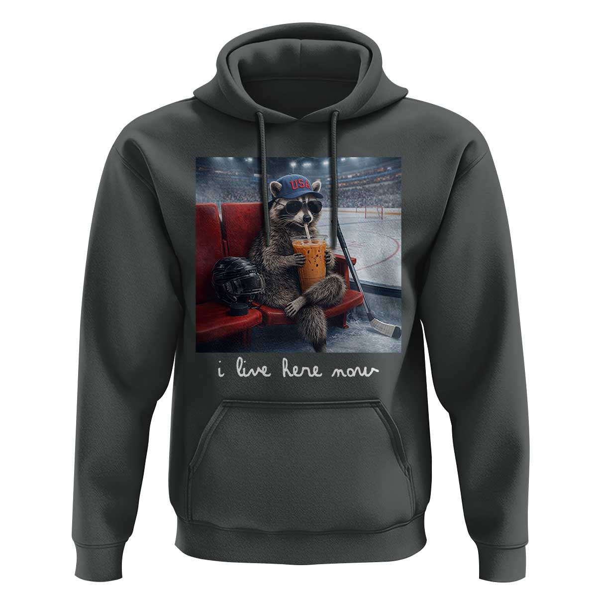 Hockey Mom Raccoon Iced Coffee Hoodie I Live Here Now