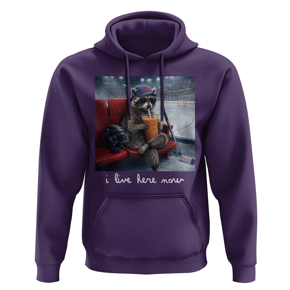 Hockey Mom Raccoon Iced Coffee Hoodie I Live Here Now