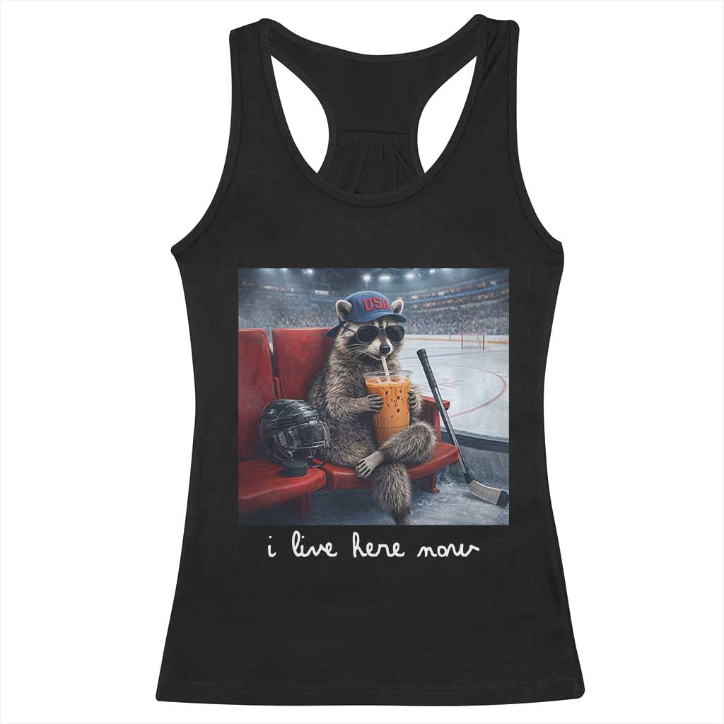 Hockey Mom Raccoon Iced Coffee Racerback Tank Top I Live Here Now