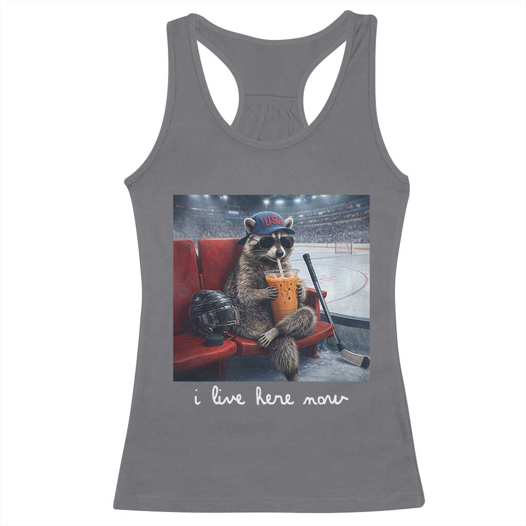 Hockey Mom Raccoon Iced Coffee Racerback Tank Top I Live Here Now