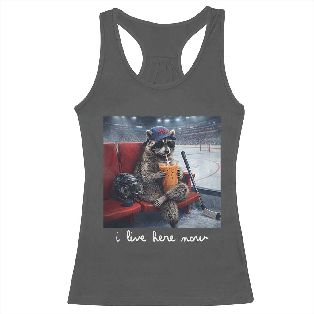 Hockey Mom Raccoon Iced Coffee Racerback Tank Top I Live Here Now