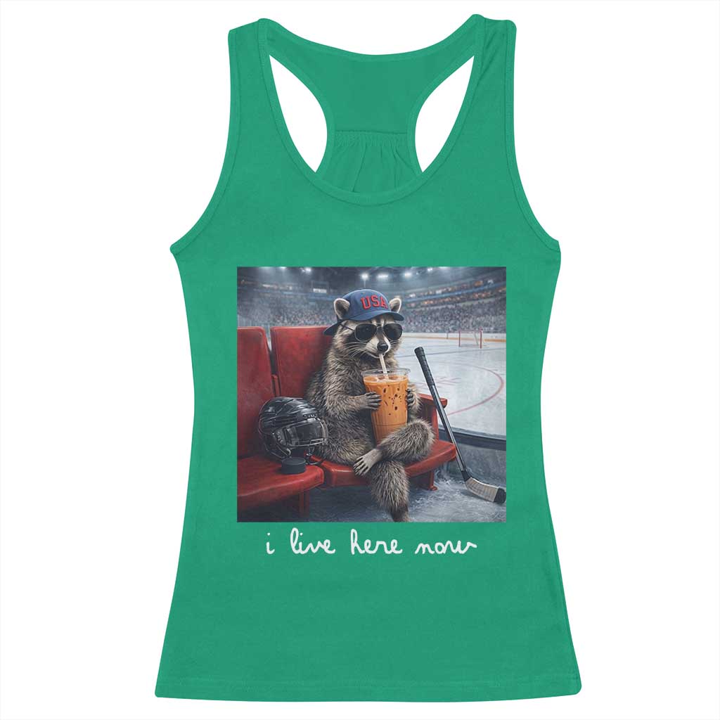 Hockey Mom Raccoon Iced Coffee Racerback Tank Top I Live Here Now