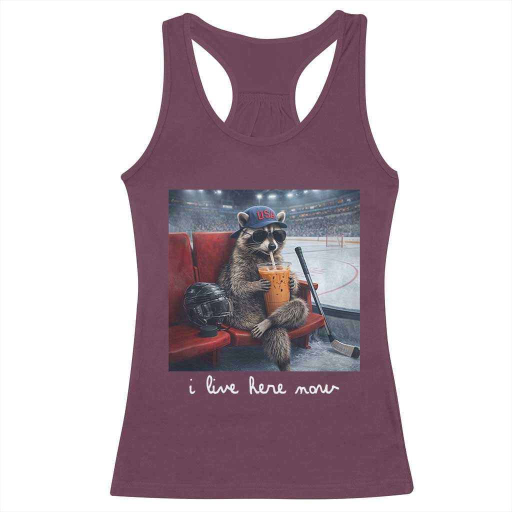 Hockey Mom Raccoon Iced Coffee Racerback Tank Top I Live Here Now