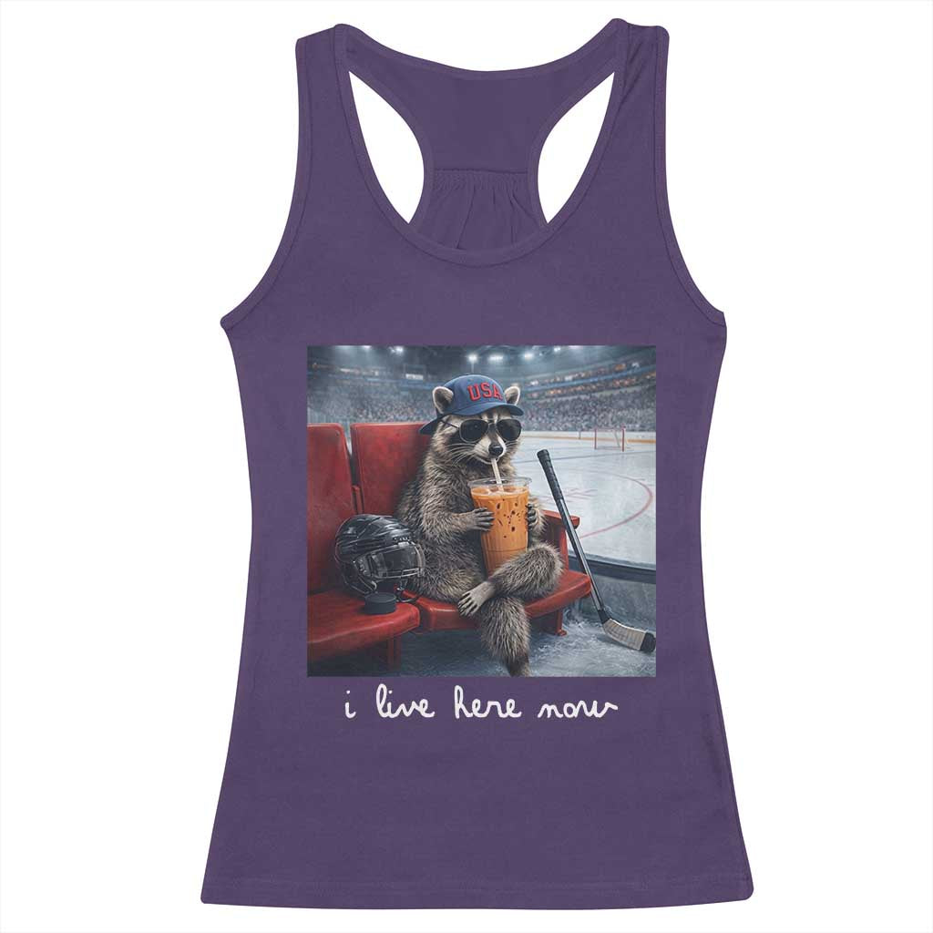 Hockey Mom Raccoon Iced Coffee Racerback Tank Top I Live Here Now