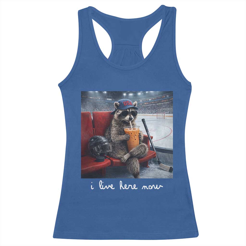 Hockey Mom Raccoon Iced Coffee Racerback Tank Top I Live Here Now