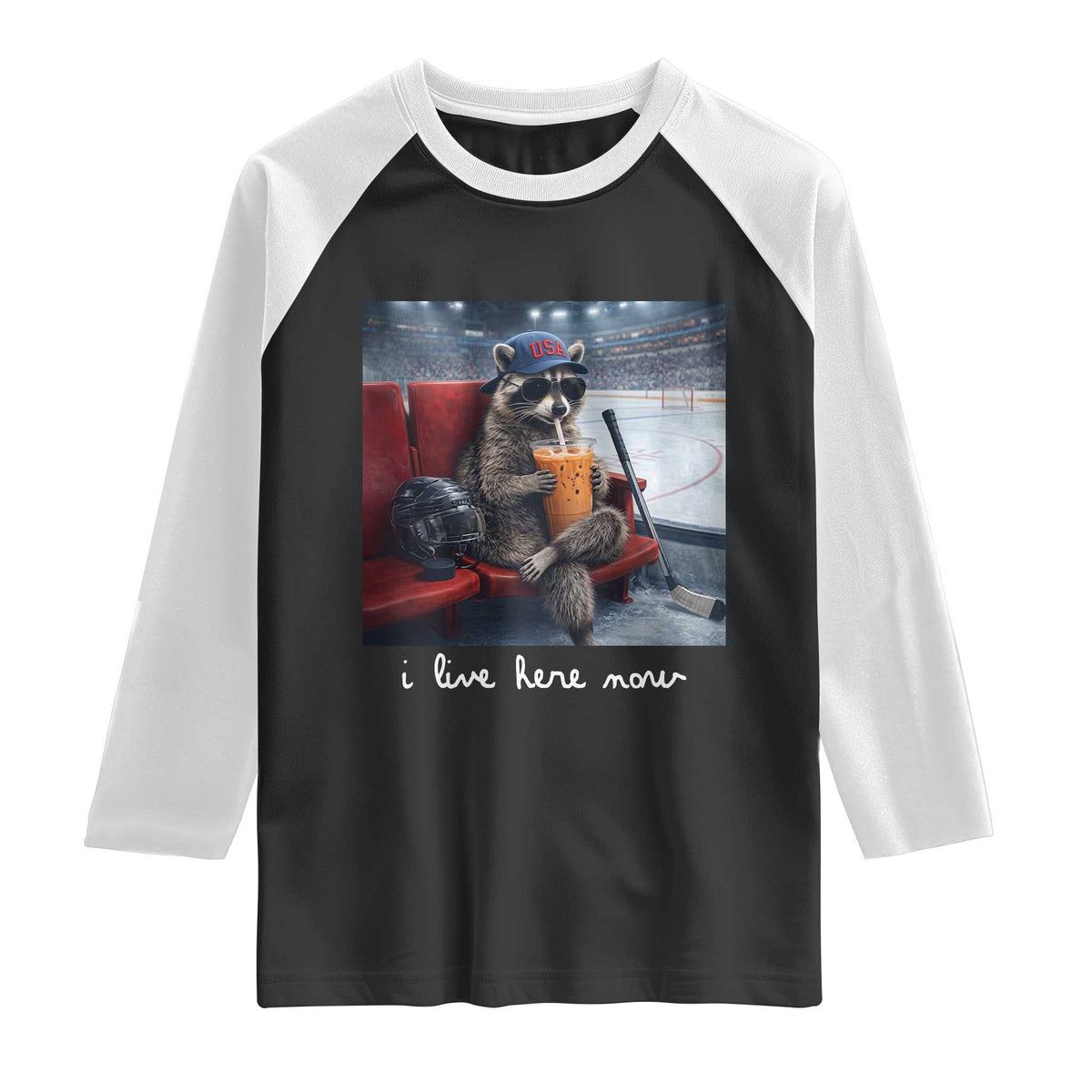 Hockey Mom Raccoon Iced Coffee Raglan Shirt I Live Here Now