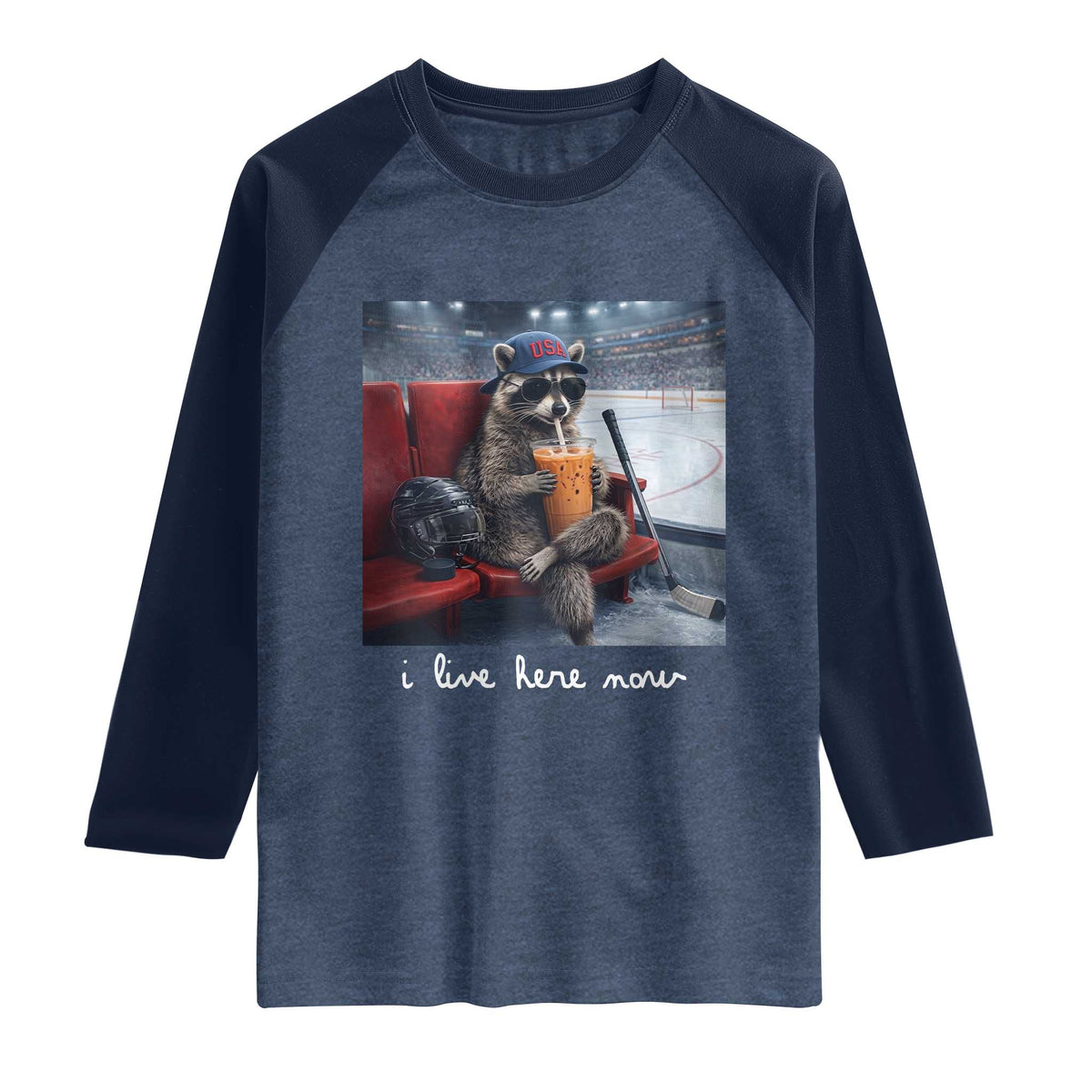 Hockey Mom Raccoon Iced Coffee Raglan Shirt I Live Here Now