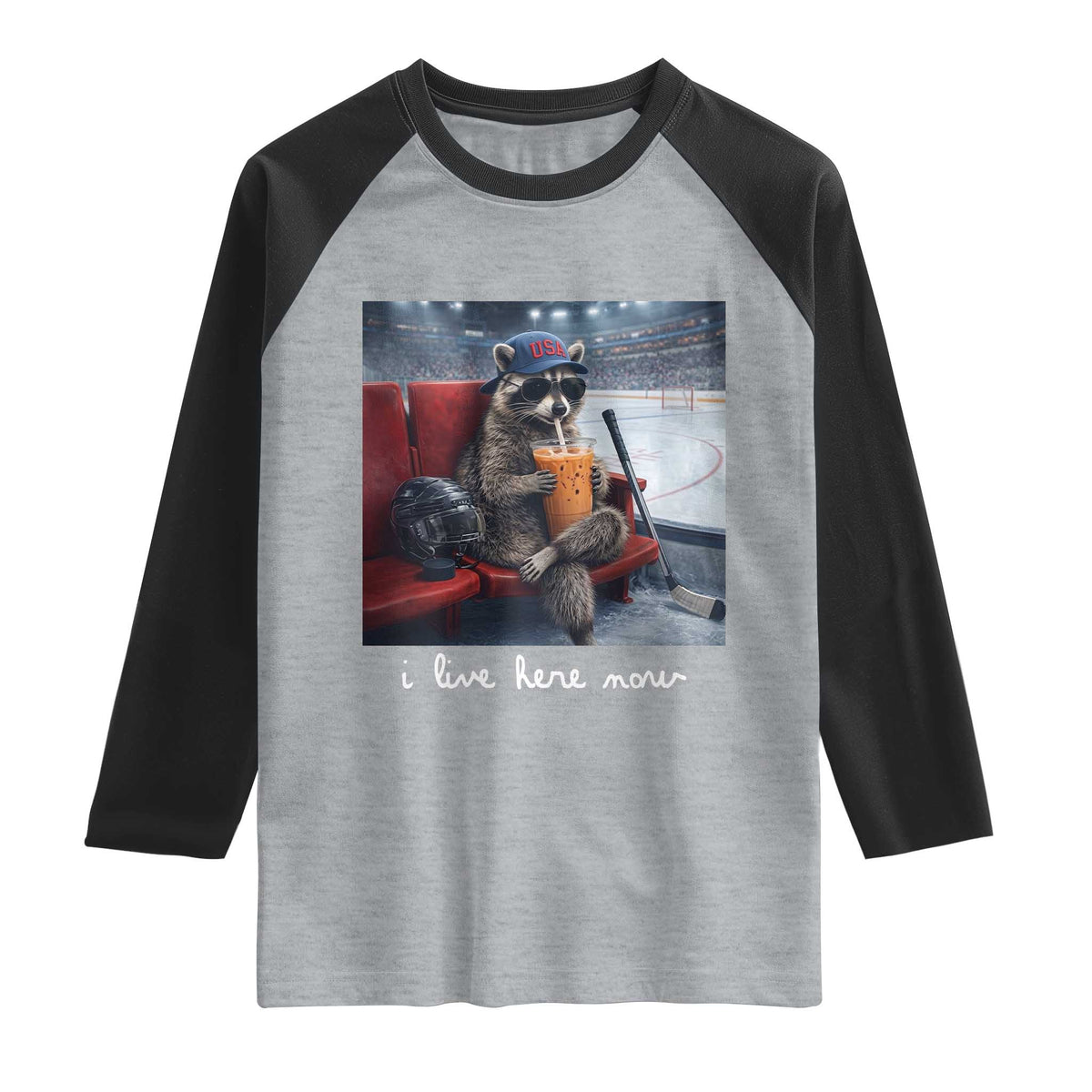 Hockey Mom Raccoon Iced Coffee Raglan Shirt I Live Here Now