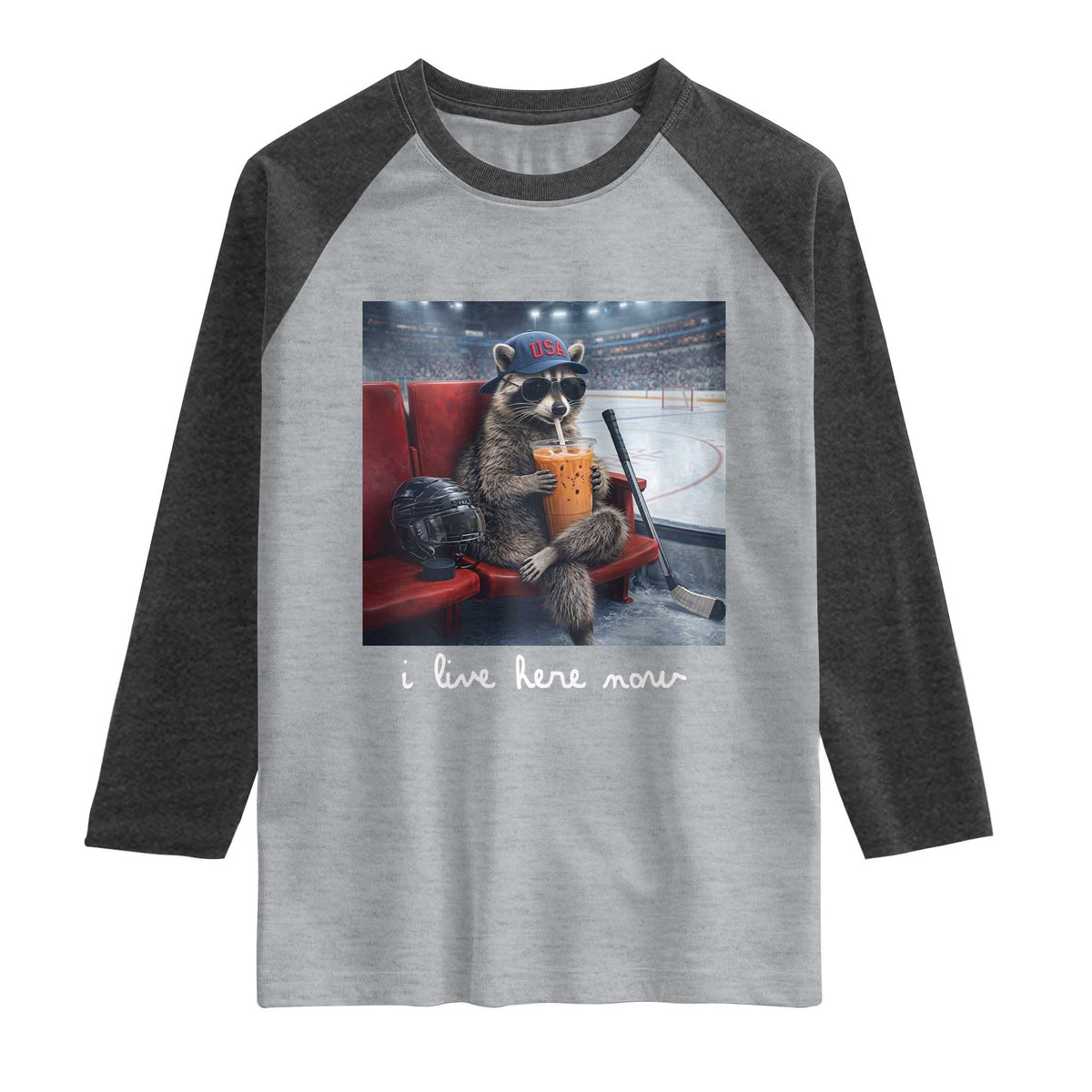 Hockey Mom Raccoon Iced Coffee Raglan Shirt I Live Here Now