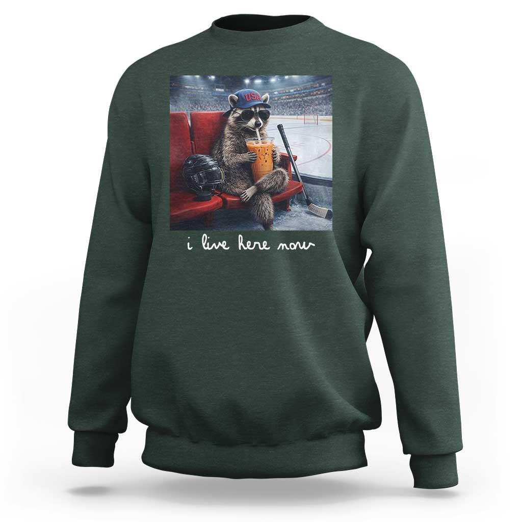 Hockey Mom Raccoon Iced Coffee Sweatshirt I Live Here Now