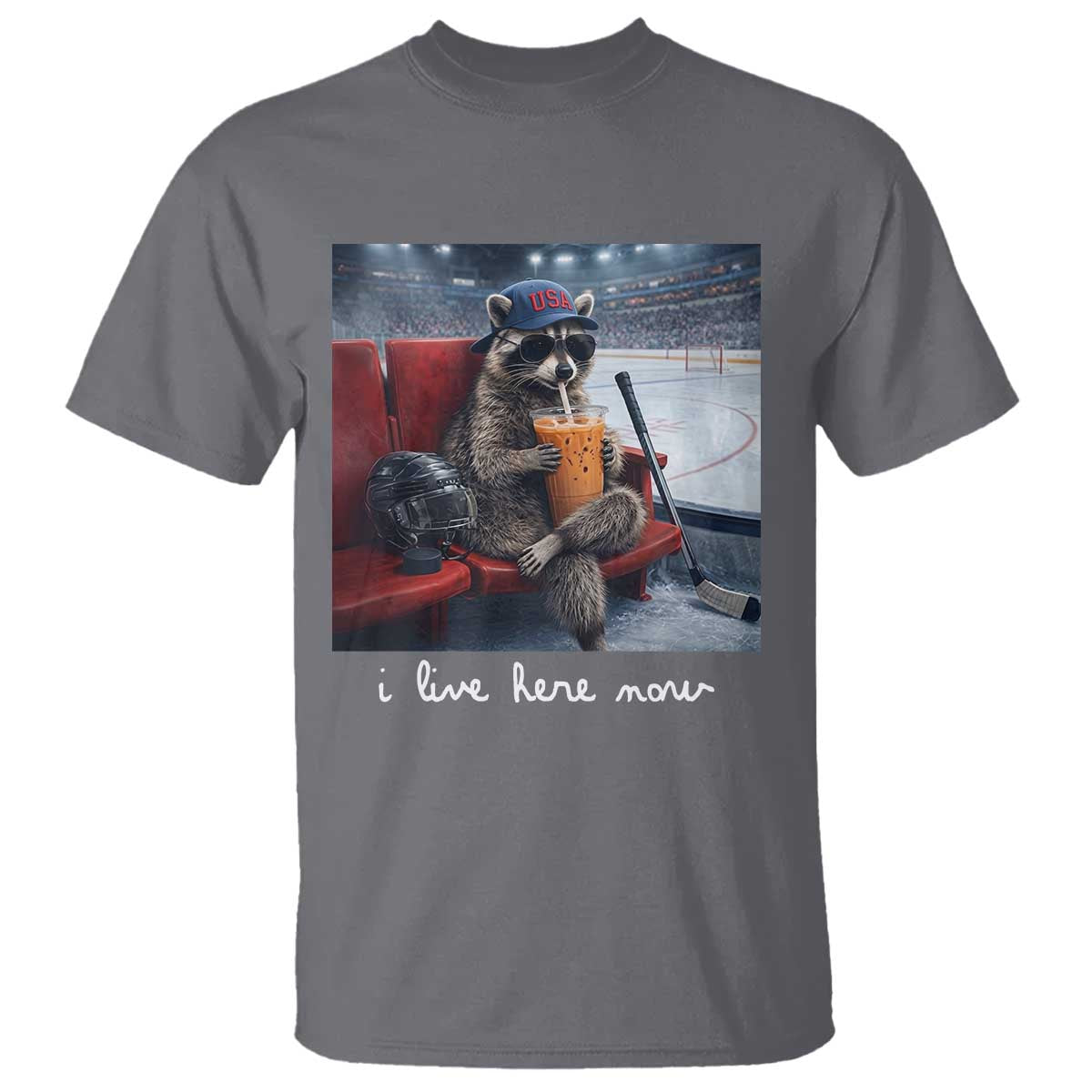 Hockey Mom Raccoon Iced Coffee T Shirt I Live Here Now