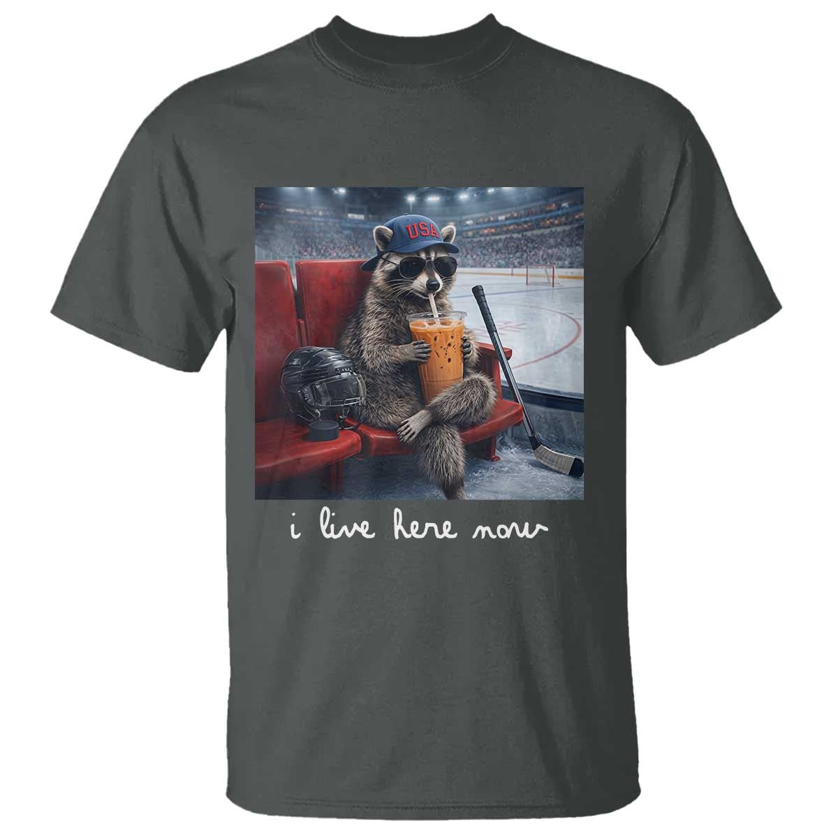 Hockey Mom Raccoon Iced Coffee T Shirt I Live Here Now