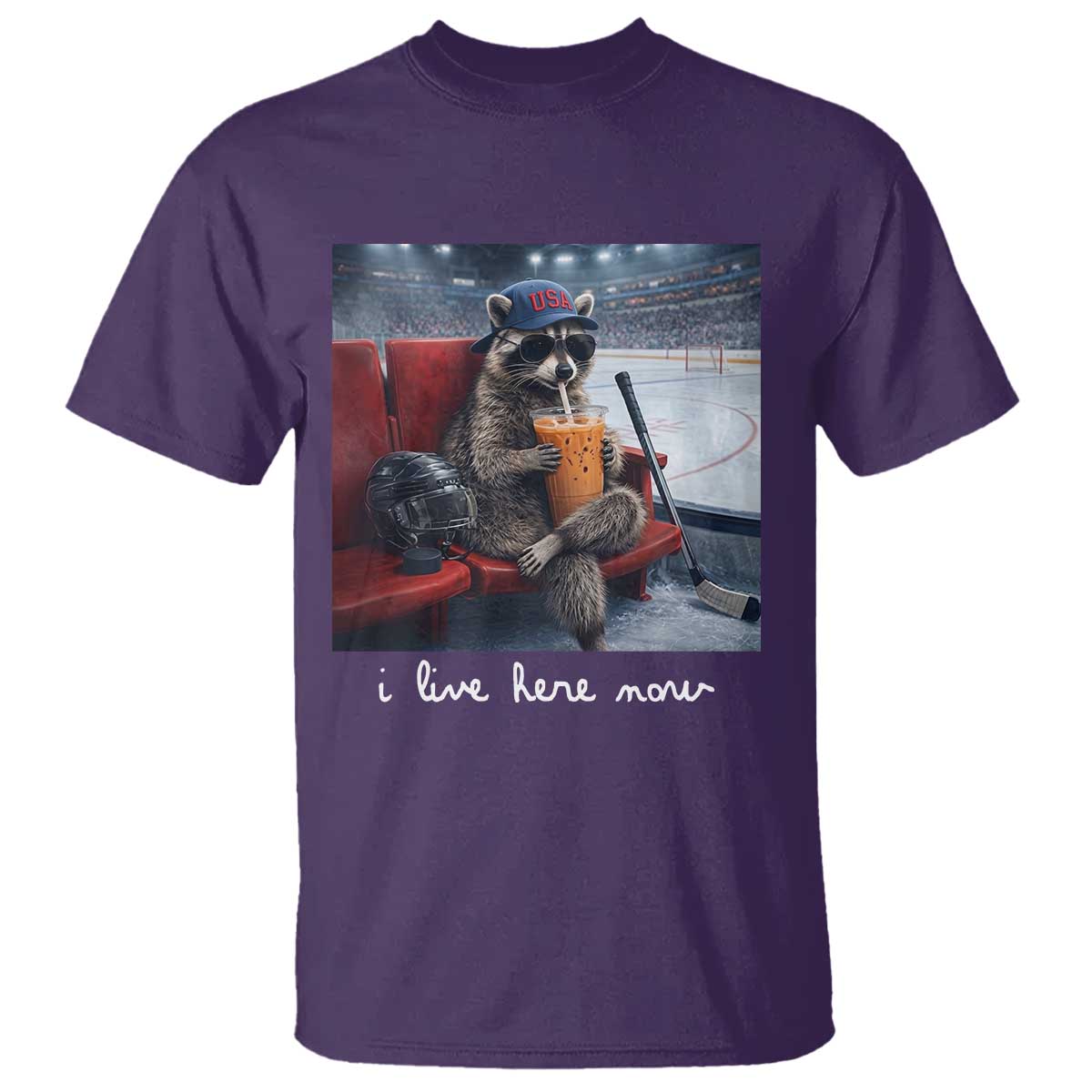Hockey Mom Raccoon Iced Coffee T Shirt I Live Here Now