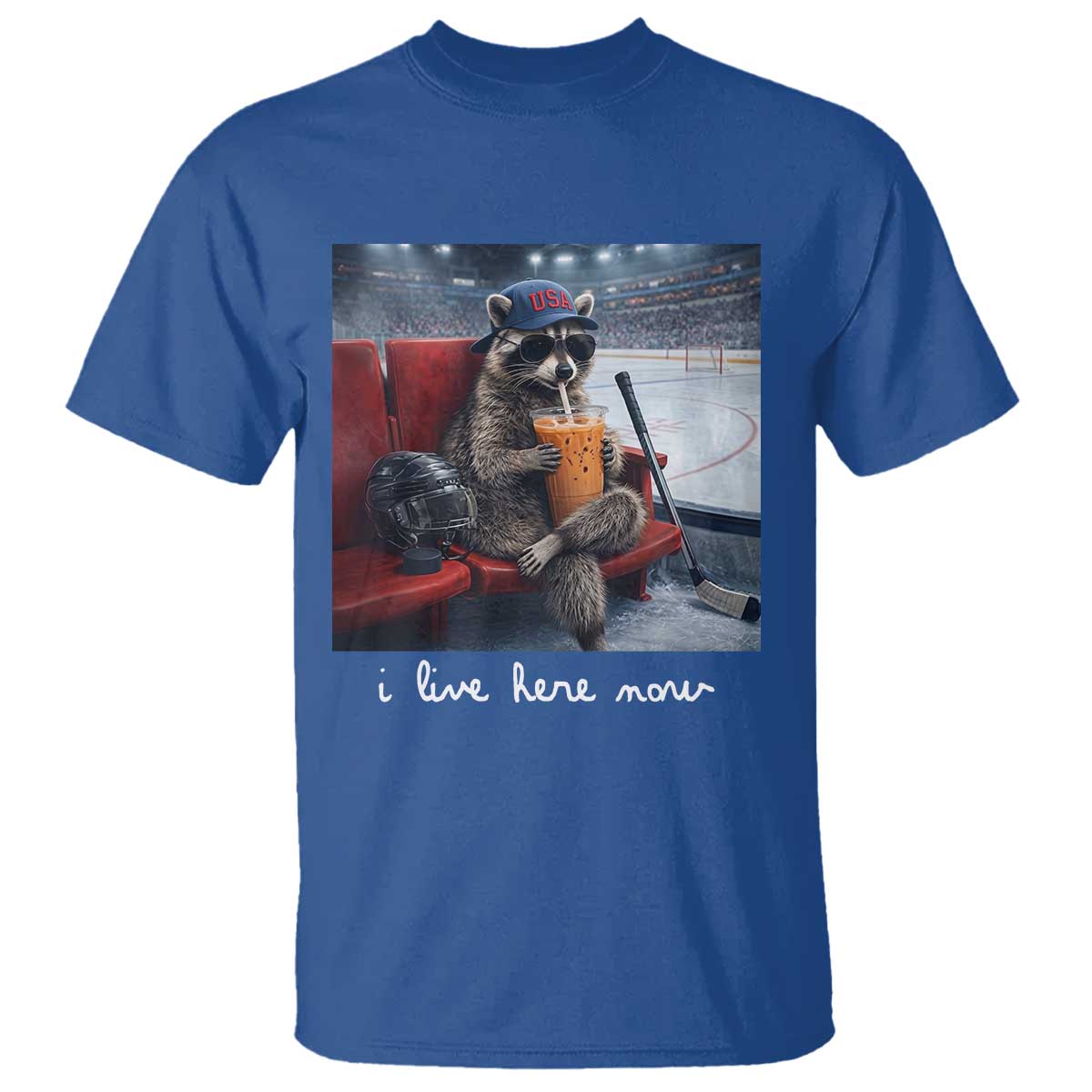 Hockey Mom Raccoon Iced Coffee T Shirt I Live Here Now
