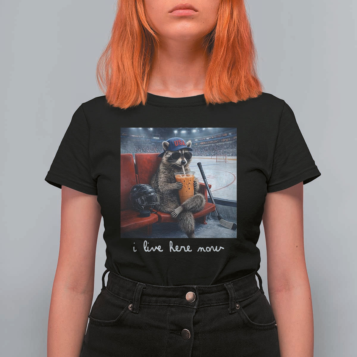 Hockey Mom Raccoon Iced Coffee T Shirt For Women I Live Here Now