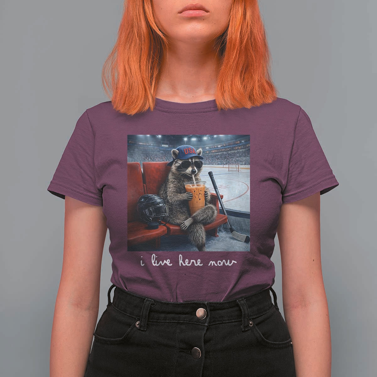 Hockey Mom Raccoon Iced Coffee T Shirt For Women I Live Here Now