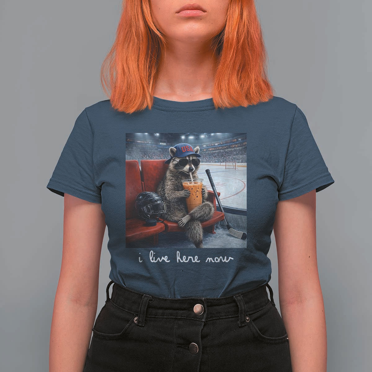 Hockey Mom Raccoon Iced Coffee T Shirt For Women I Live Here Now