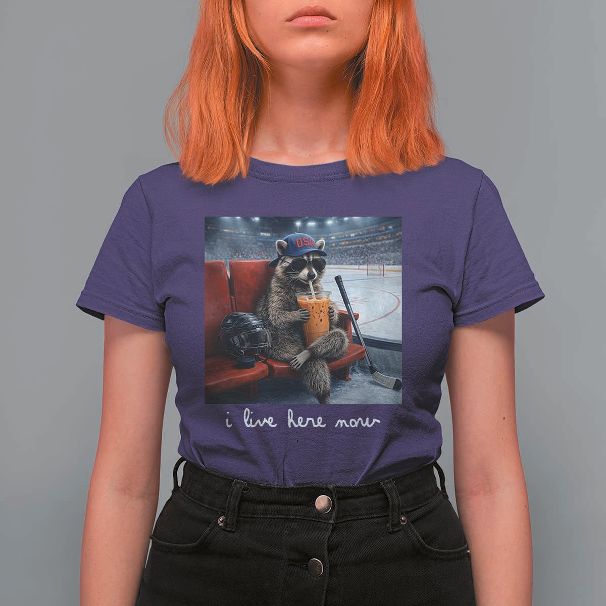 Hockey Mom Raccoon Iced Coffee T Shirt For Women I Live Here Now